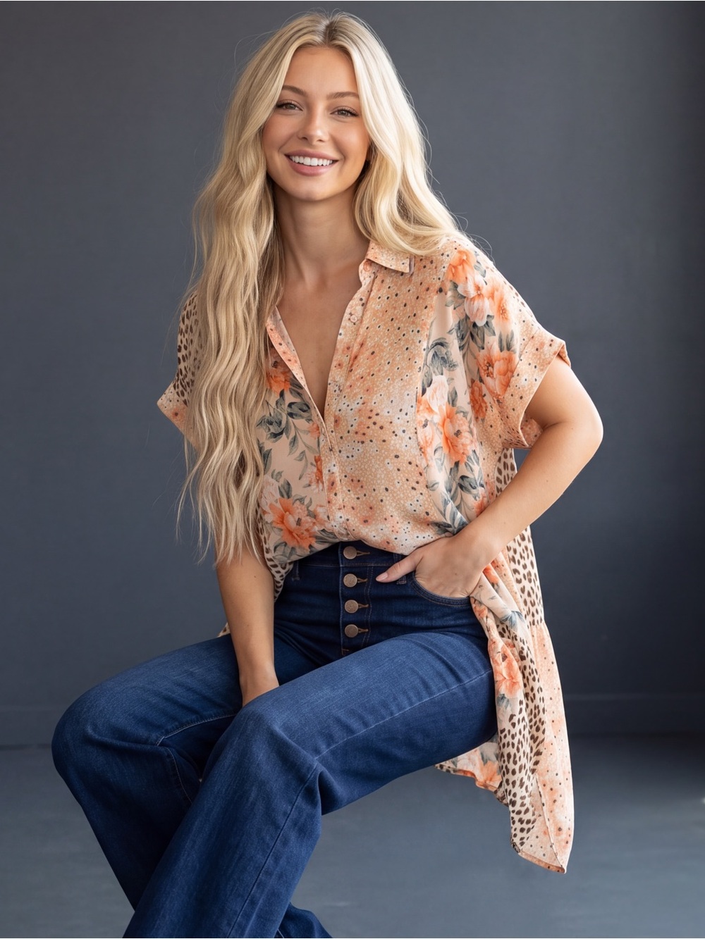 Umgee Be Sweet Peach Floral & Leopard Mixed Print Short Sleeve Tunic